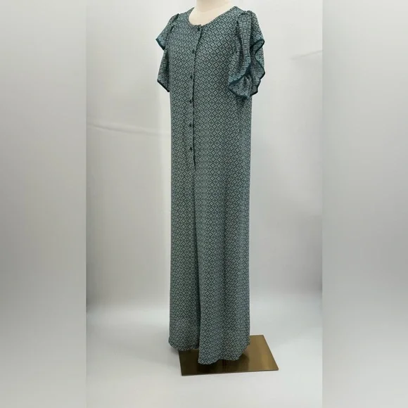 Max Studio Teal Geometric Print Flutter Sleeve Boho Wide Leg Jumpsuit Size XL - Picture 8 of 14